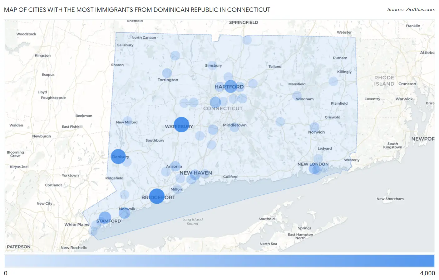 Cities with the Most Immigrants from Dominican Republic in Connecticut Map