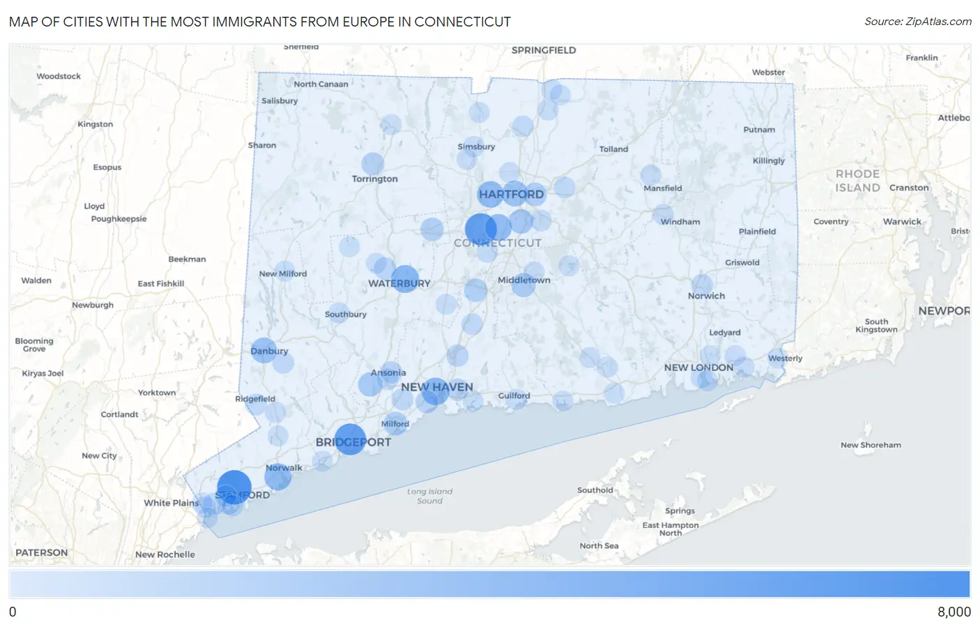Cities with the Most Immigrants from Europe in Connecticut Map