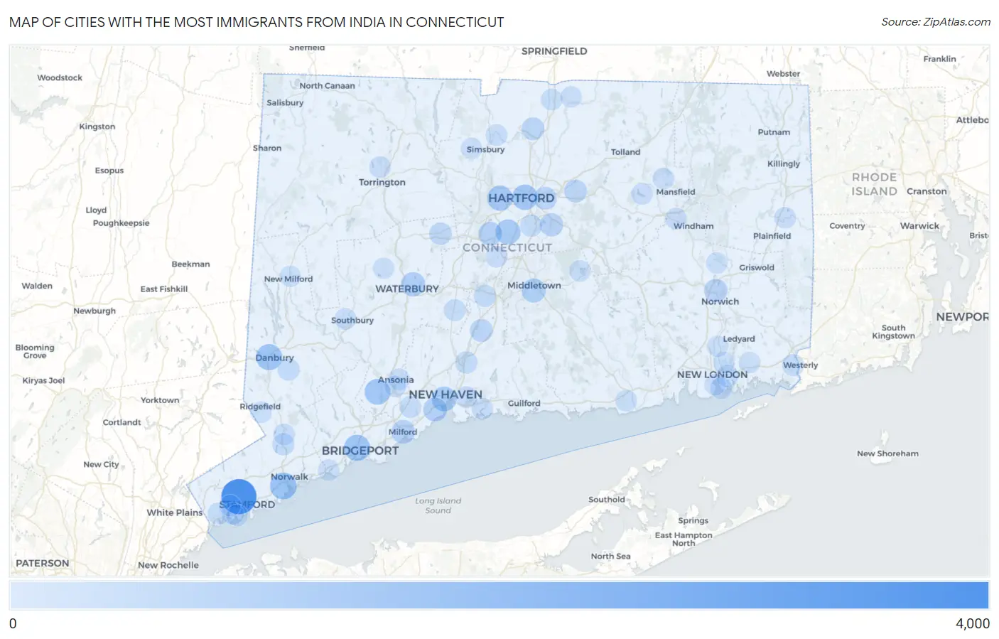 Cities with the Most Immigrants from India in Connecticut Map