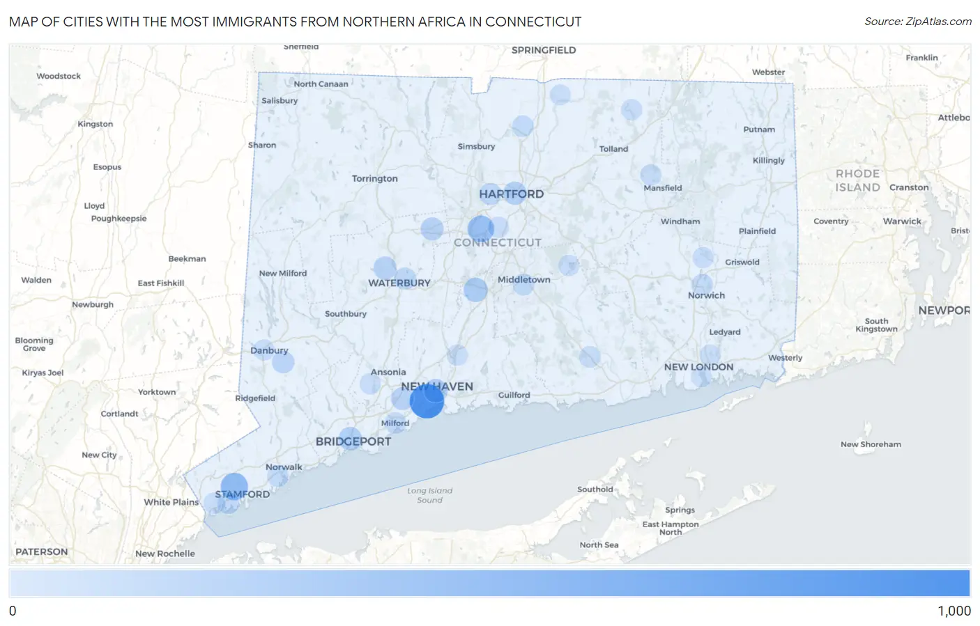 Cities with the Most Immigrants from Northern Africa in Connecticut Map
