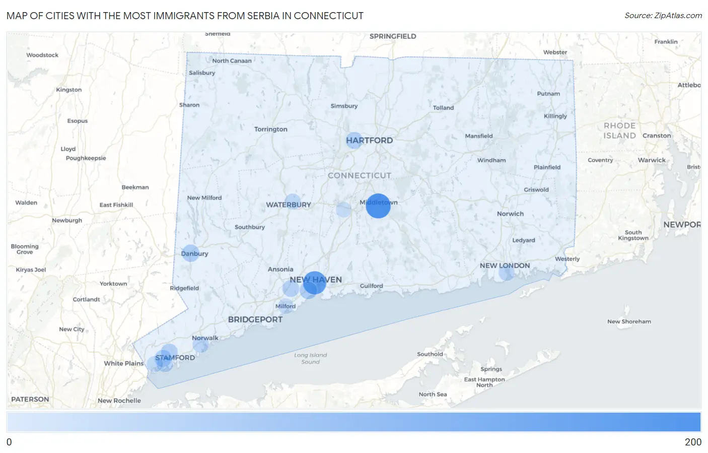 Cities with the Most Immigrants from Serbia in Connecticut Map