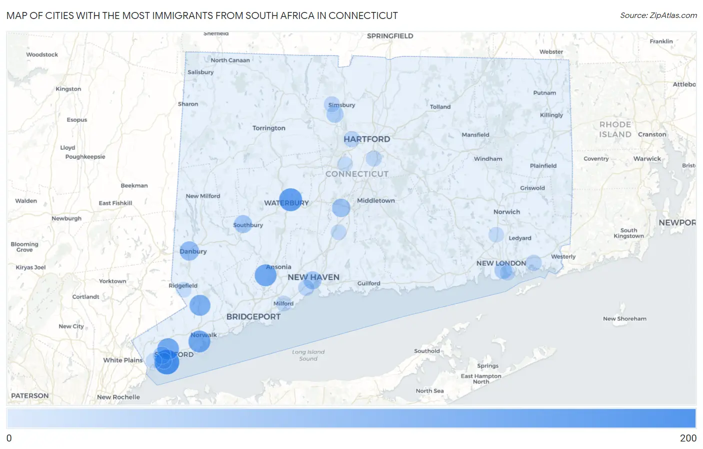 Cities with the Most Immigrants from South Africa in Connecticut Map