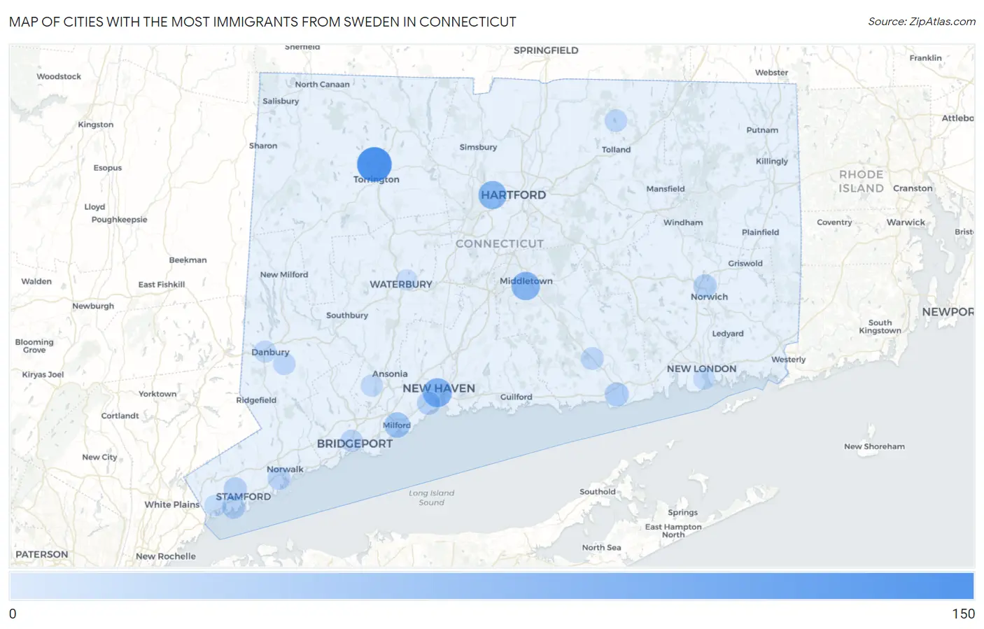 Cities with the Most Immigrants from Sweden in Connecticut Map