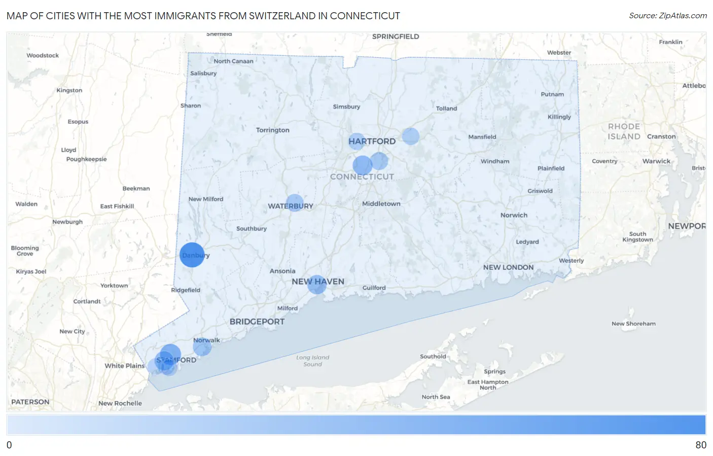 Cities with the Most Immigrants from Switzerland in Connecticut Map