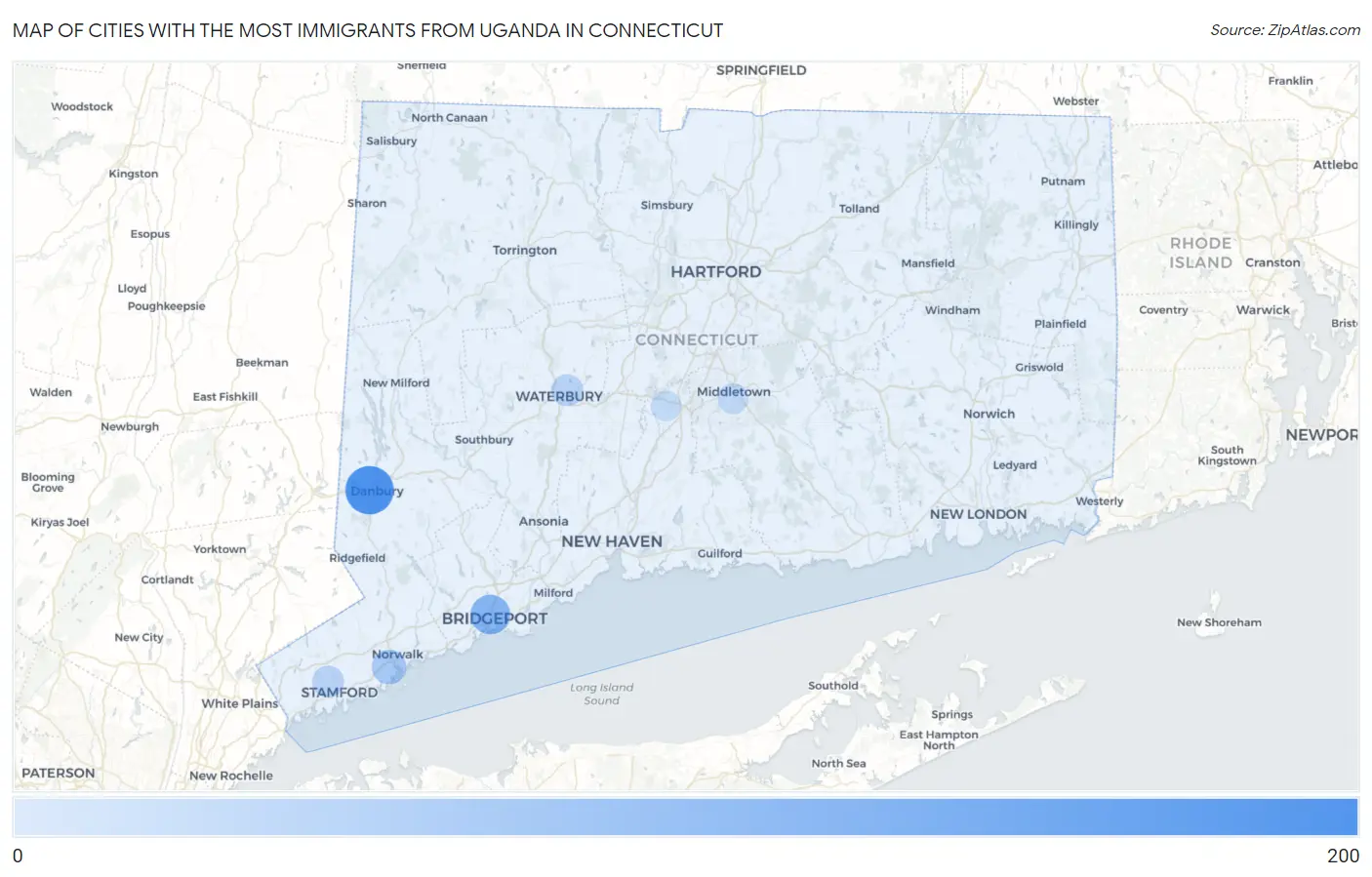 Cities with the Most Immigrants from Uganda in Connecticut Map