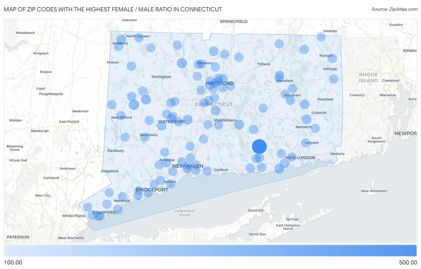 Zip Codes with the Highest Female / Male Ratio in Connecticut Map