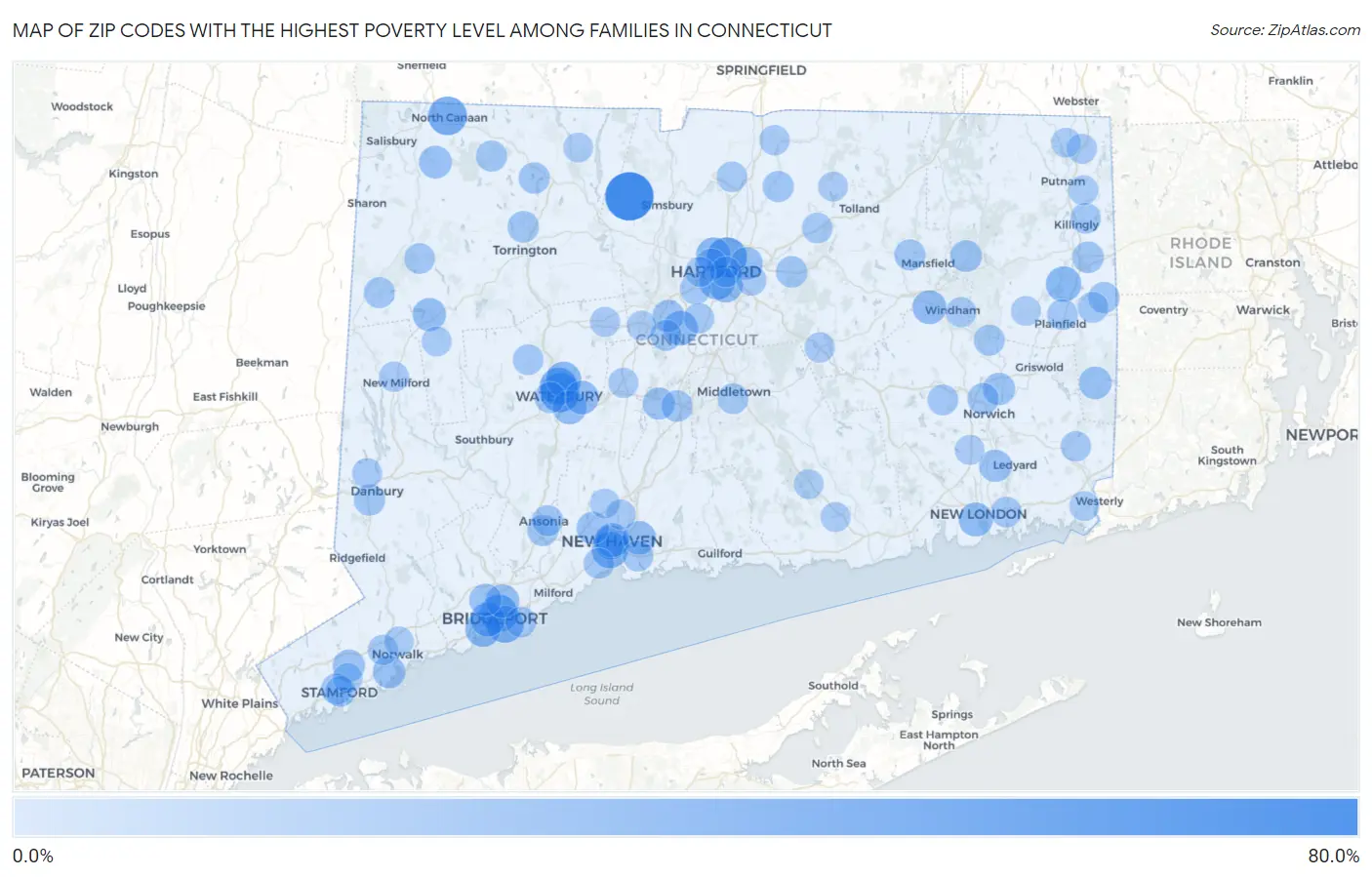 Zip Codes with the Highest Poverty Level Among Families in Connecticut Map