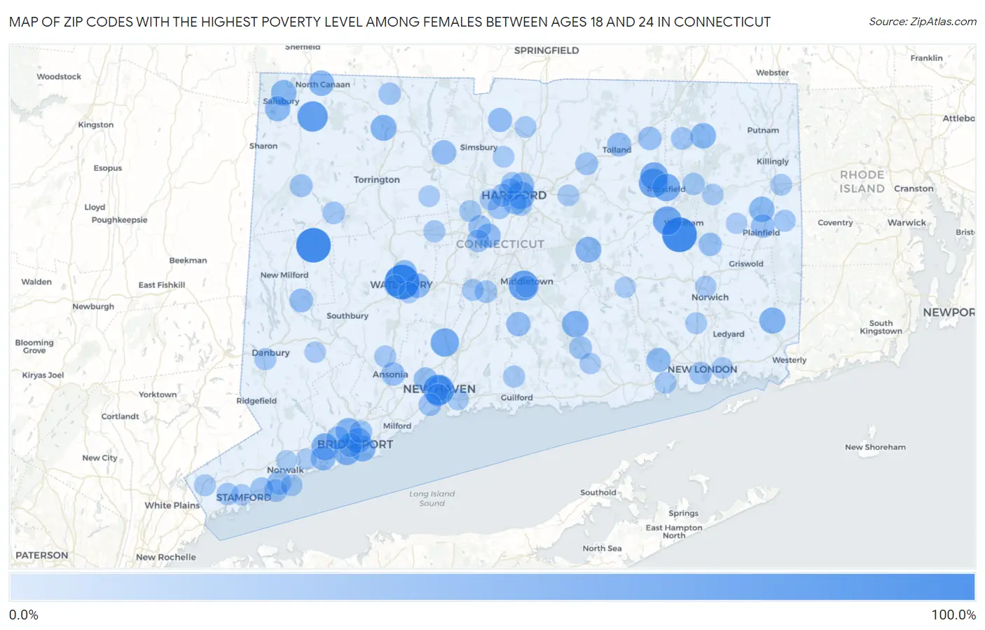 Zip Codes with the Highest Poverty Level Among Females Between Ages 18 and 24 in Connecticut Map