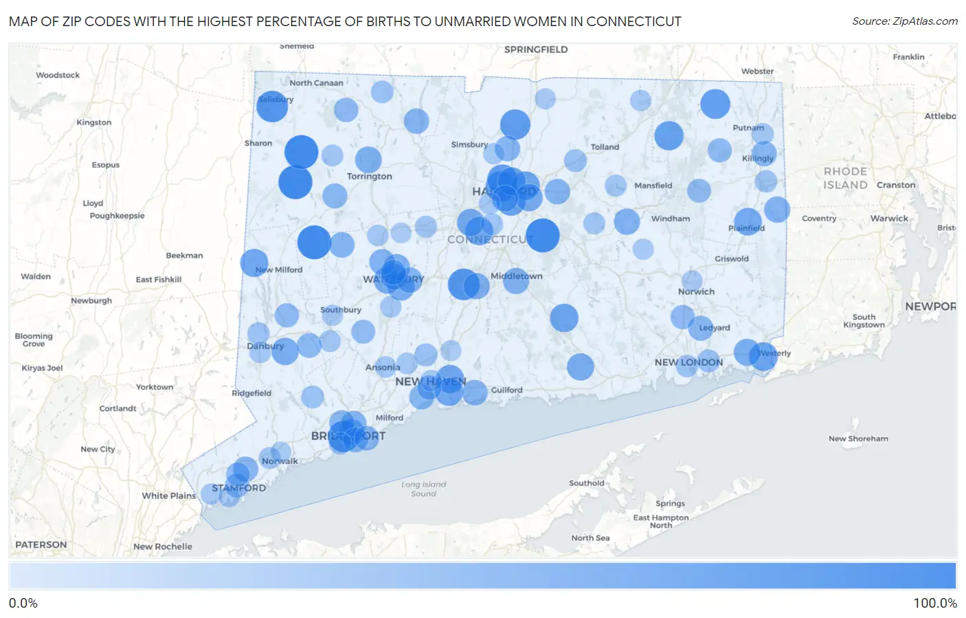 Zip Codes with the Highest Percentage of Births to Unmarried Women in Connecticut Map
