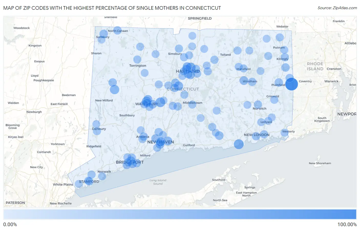 Zip Codes with the Highest Percentage of Single Mothers in Connecticut Map