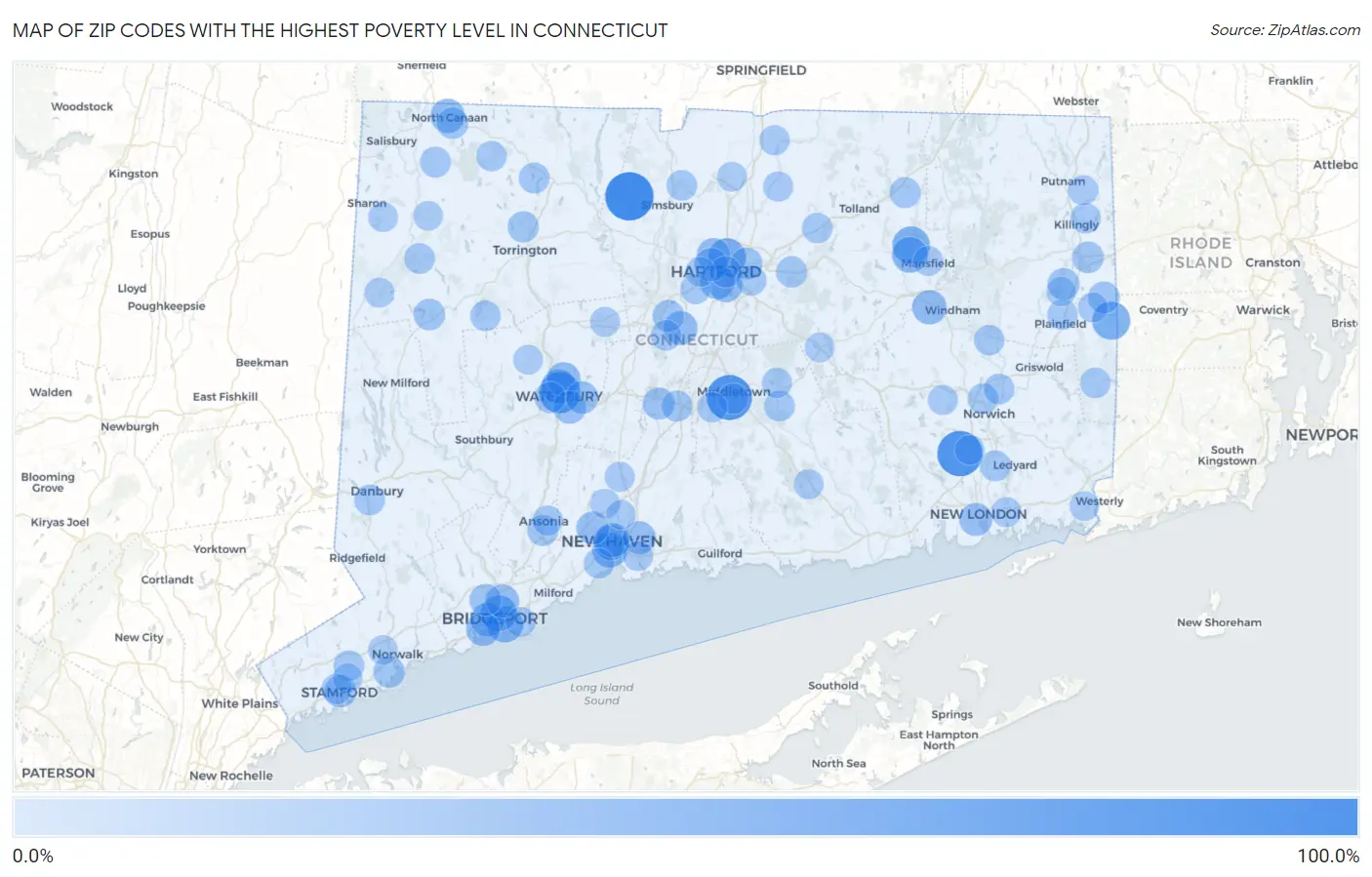 Zip Codes with the Highest Poverty Level in Connecticut Map