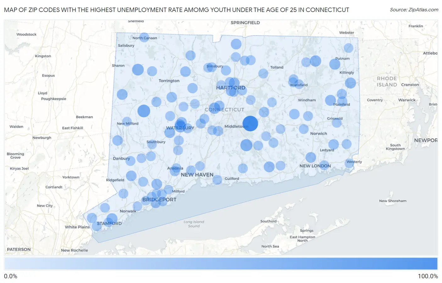 Zip Codes with the Highest Unemployment Rate Amomg Youth Under the Age of 25 in Connecticut Map