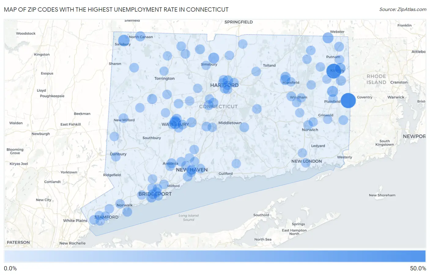 Zip Codes with the Highest Unemployment Rate in Connecticut Map