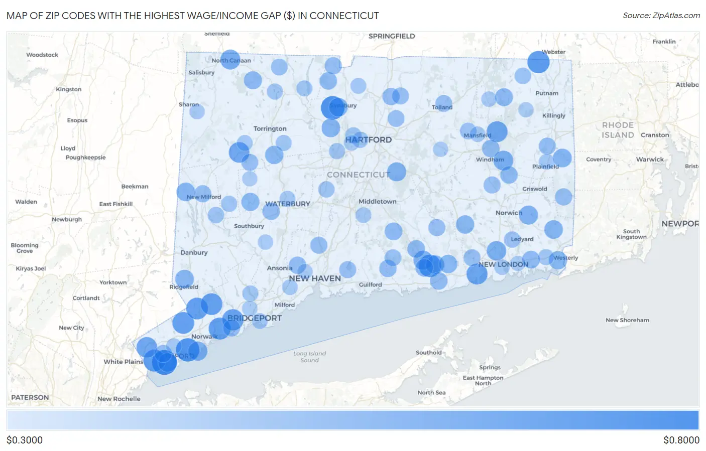 Zip Codes with the Highest Wage/Income Gap ($) in Connecticut Map