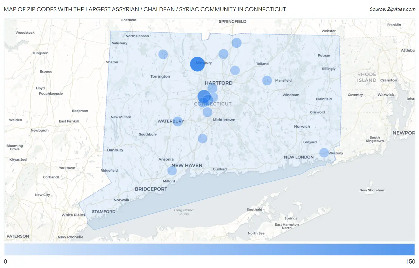 Zip Codes with the Largest Assyrian / Chaldean / Syriac Community in Connecticut Map