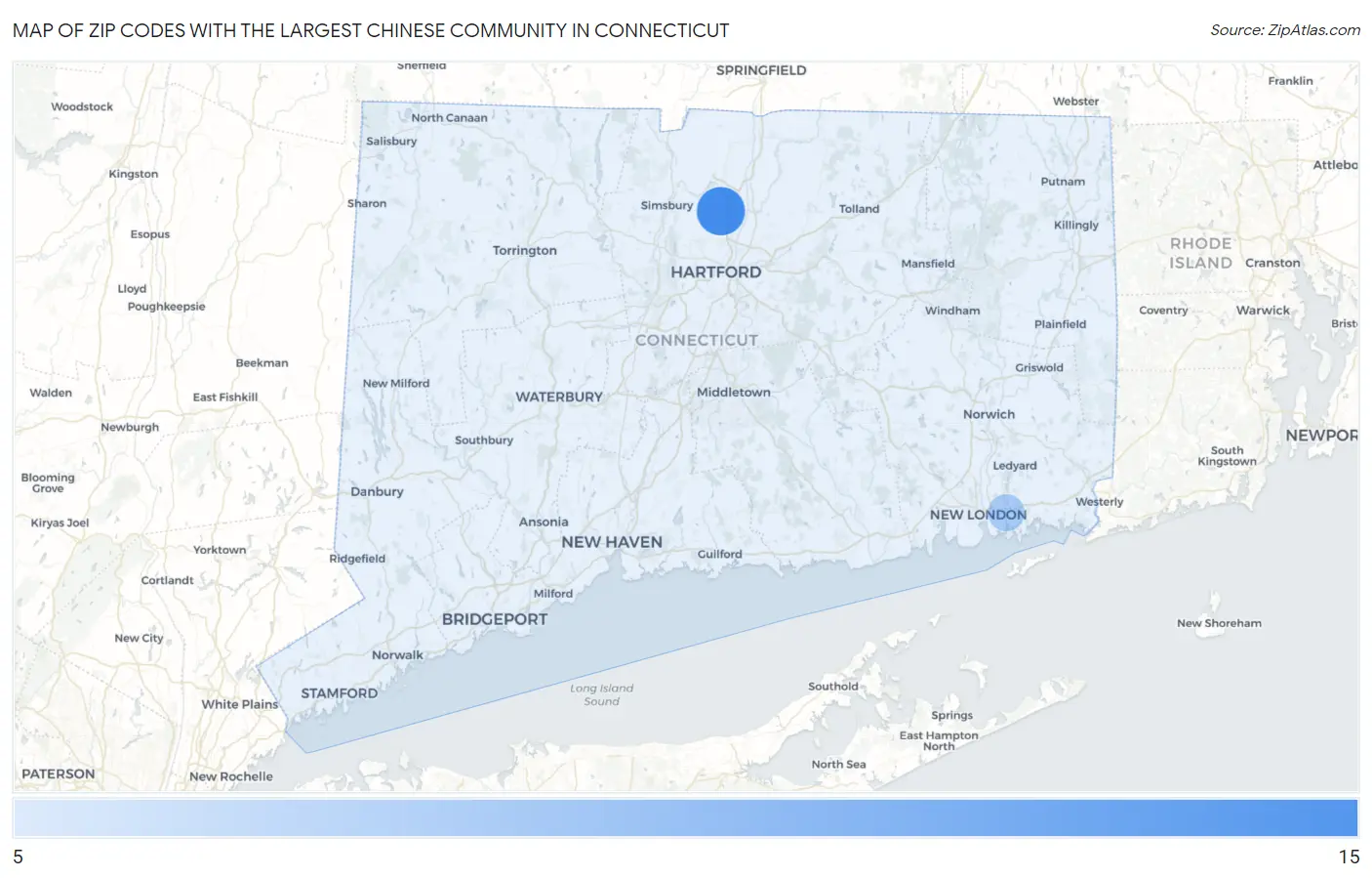 Zip Codes with the Largest Chinese Community in Connecticut Map