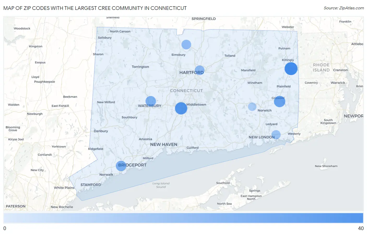 Zip Codes with the Largest Cree Community in Connecticut Map