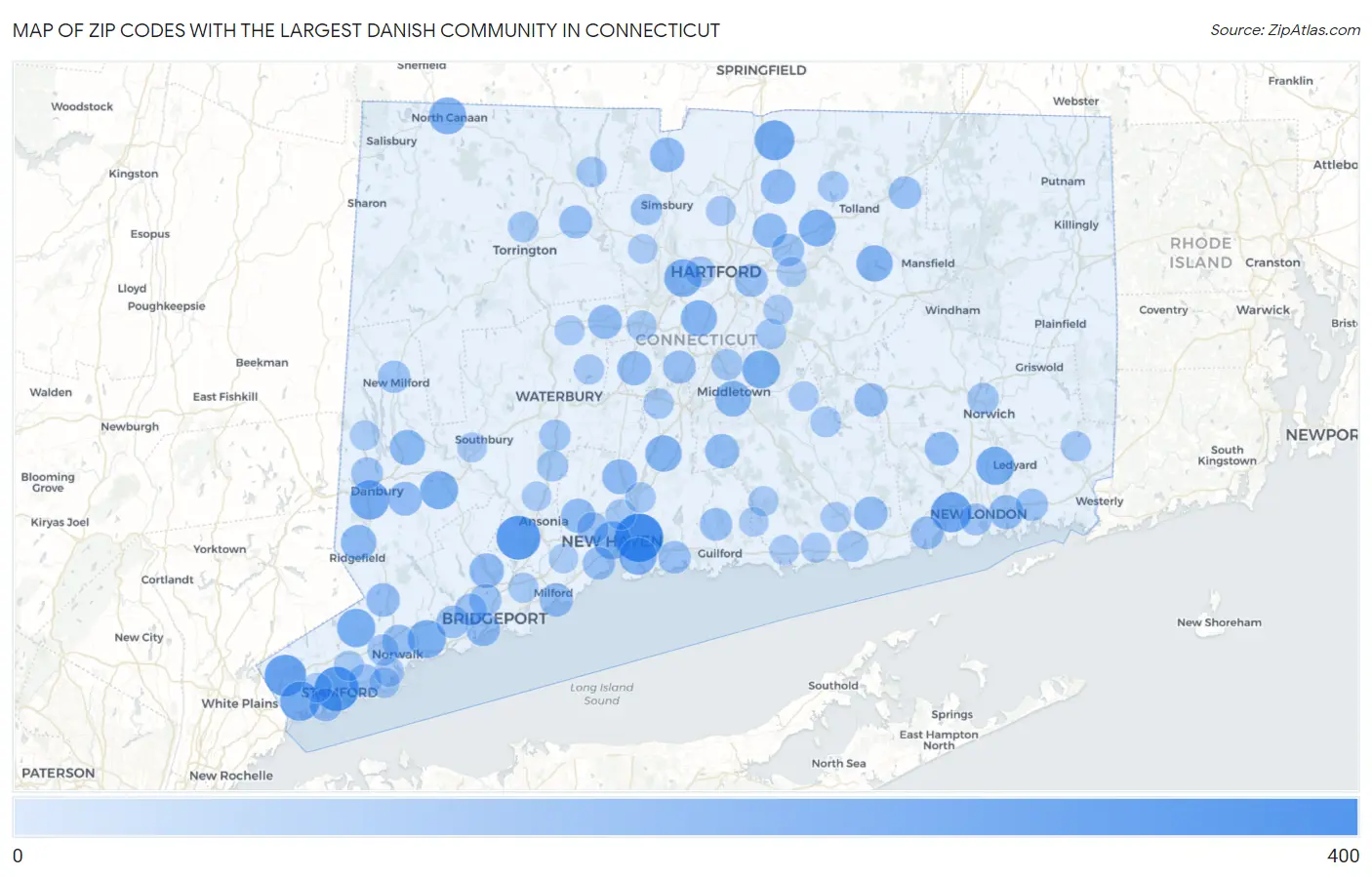 Zip Codes with the Largest Danish Community in Connecticut Map
