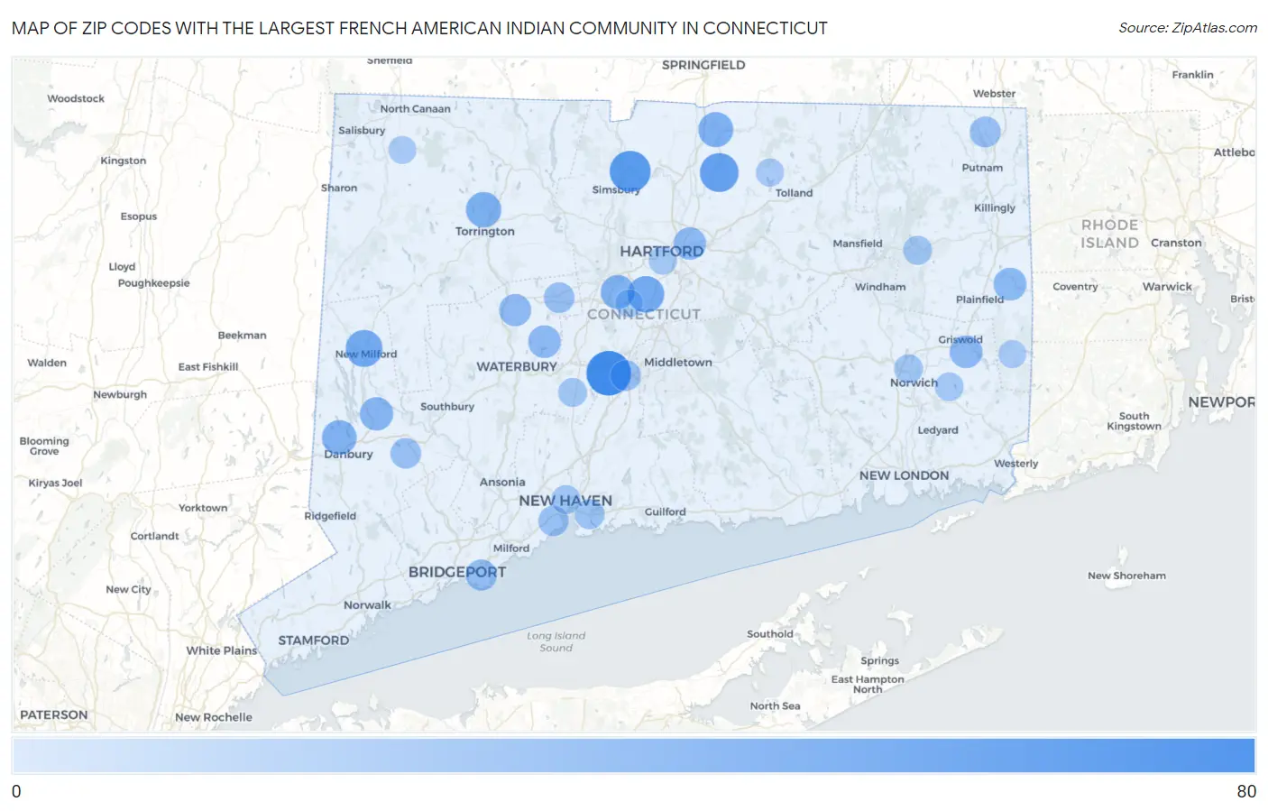 Zip Codes with the Largest French American Indian Community in Connecticut Map