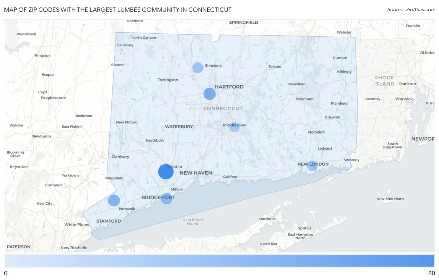 Zip Codes with the Largest Lumbee Community in Connecticut Map