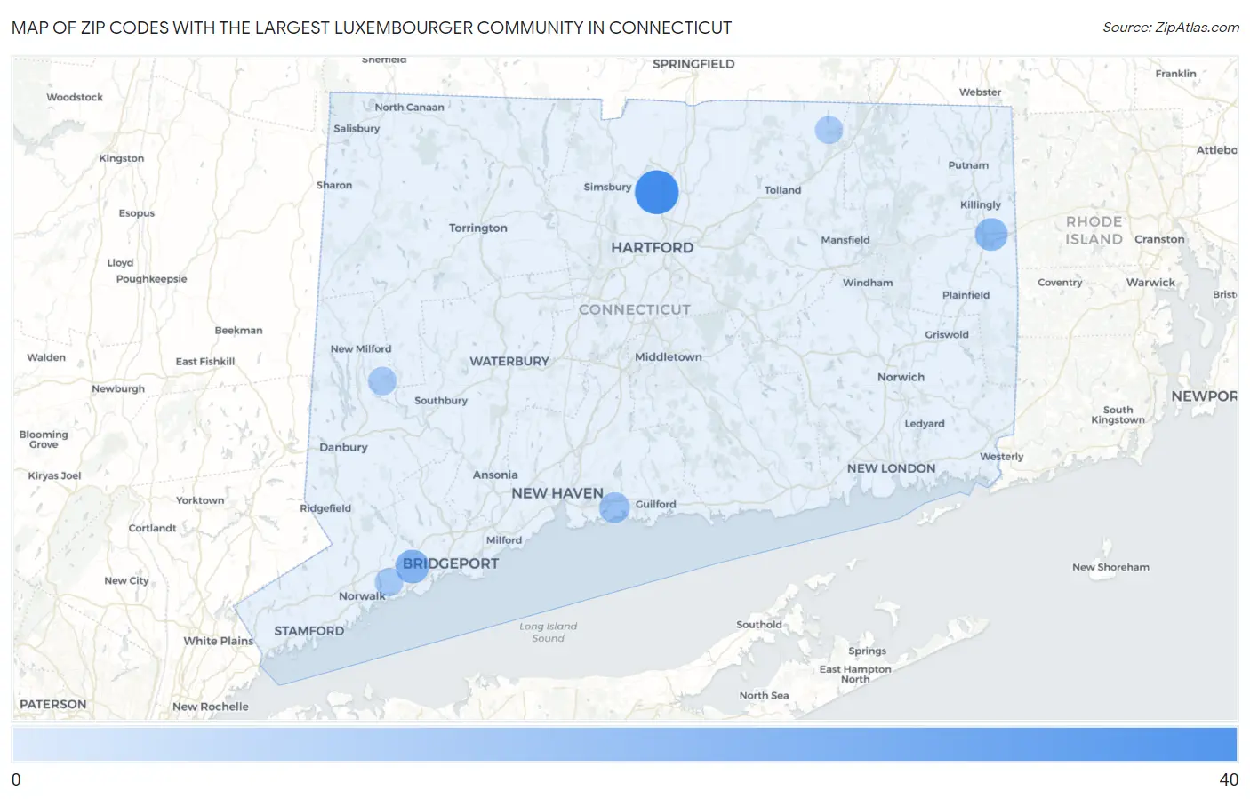 Zip Codes with the Largest Luxembourger Community in Connecticut Map