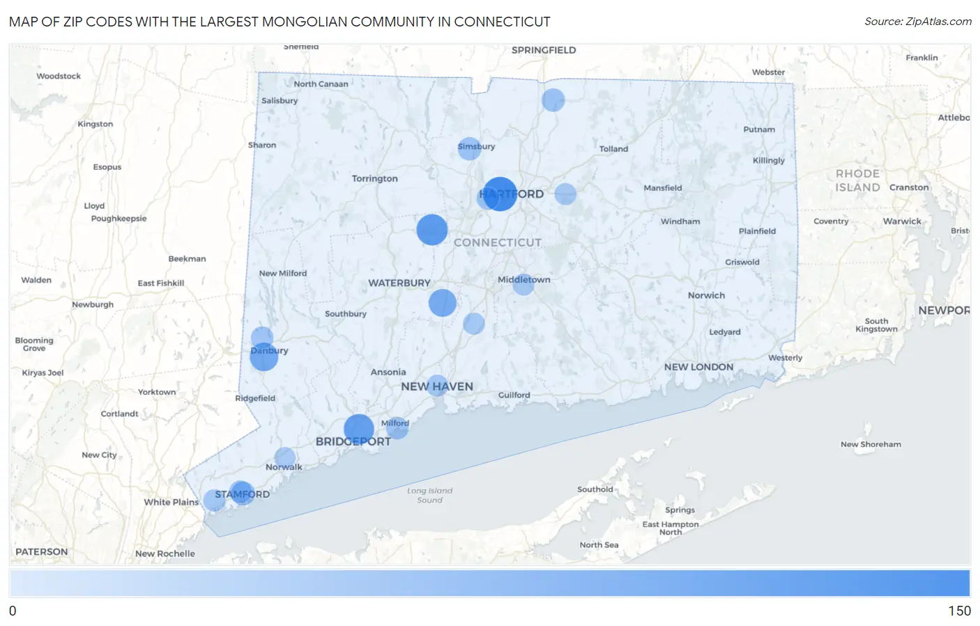 Zip Codes with the Largest Mongolian Community in Connecticut Map