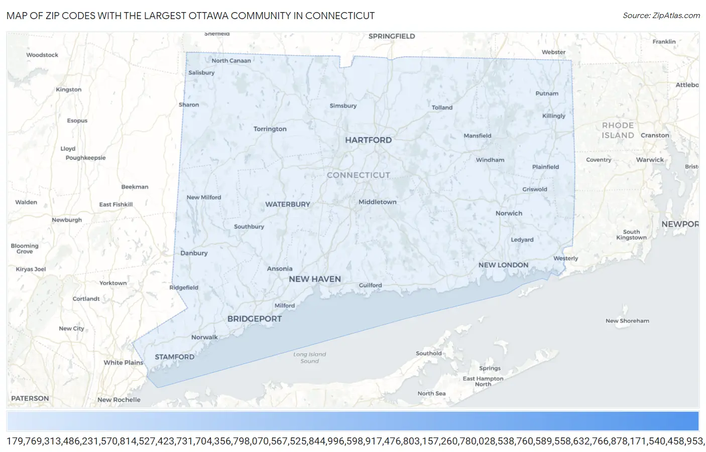 Zip Codes with the Largest Ottawa Community in Connecticut Map