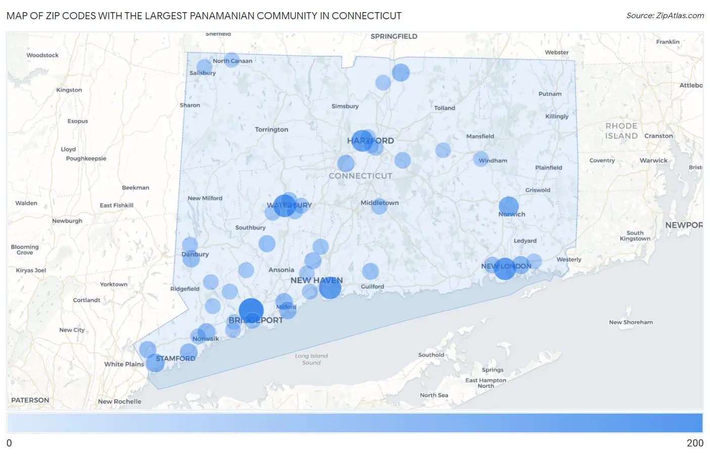 Zip Codes with the Largest Panamanian Community in Connecticut Map
