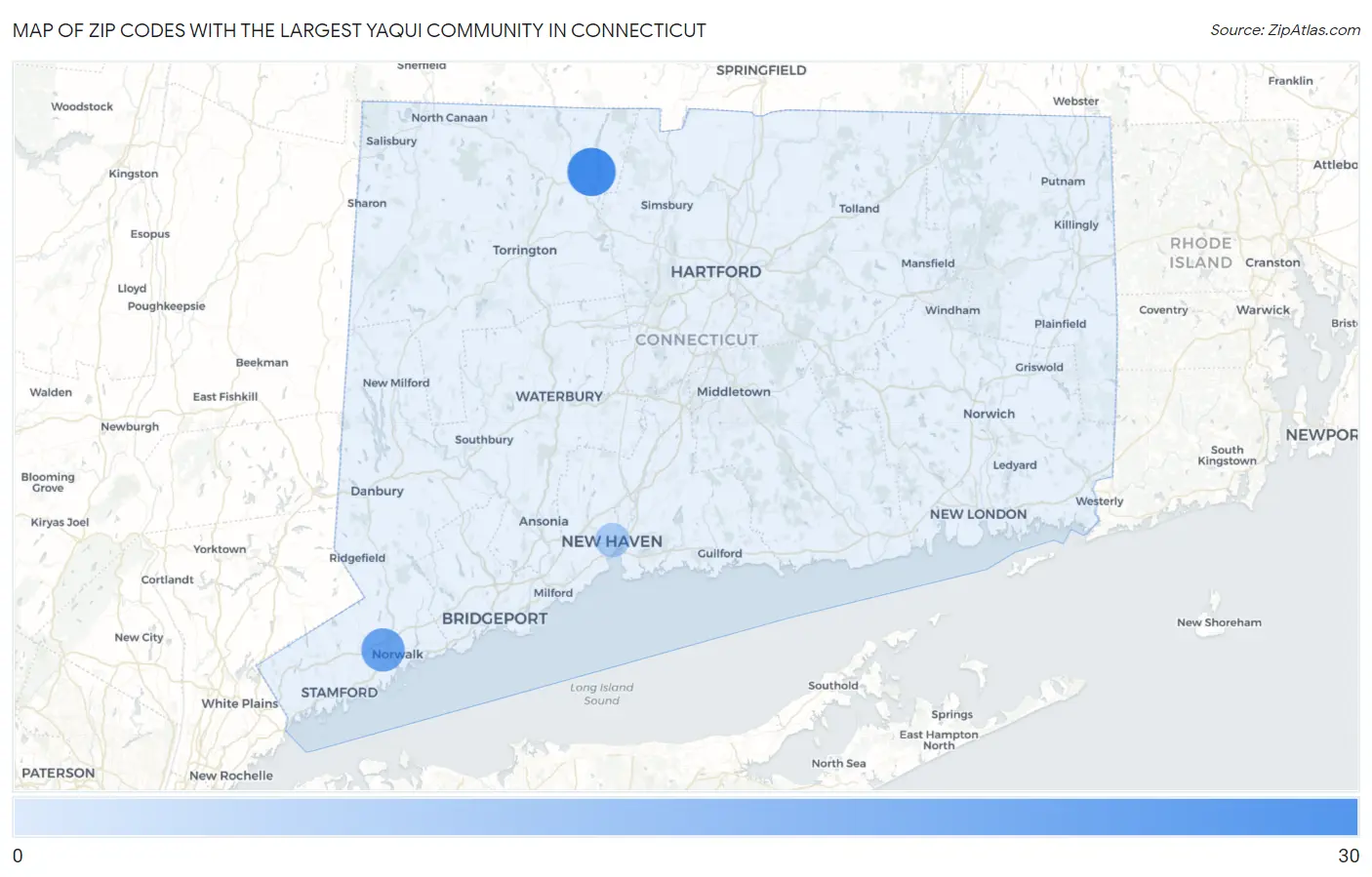 Zip Codes with the Largest Yaqui Community in Connecticut Map