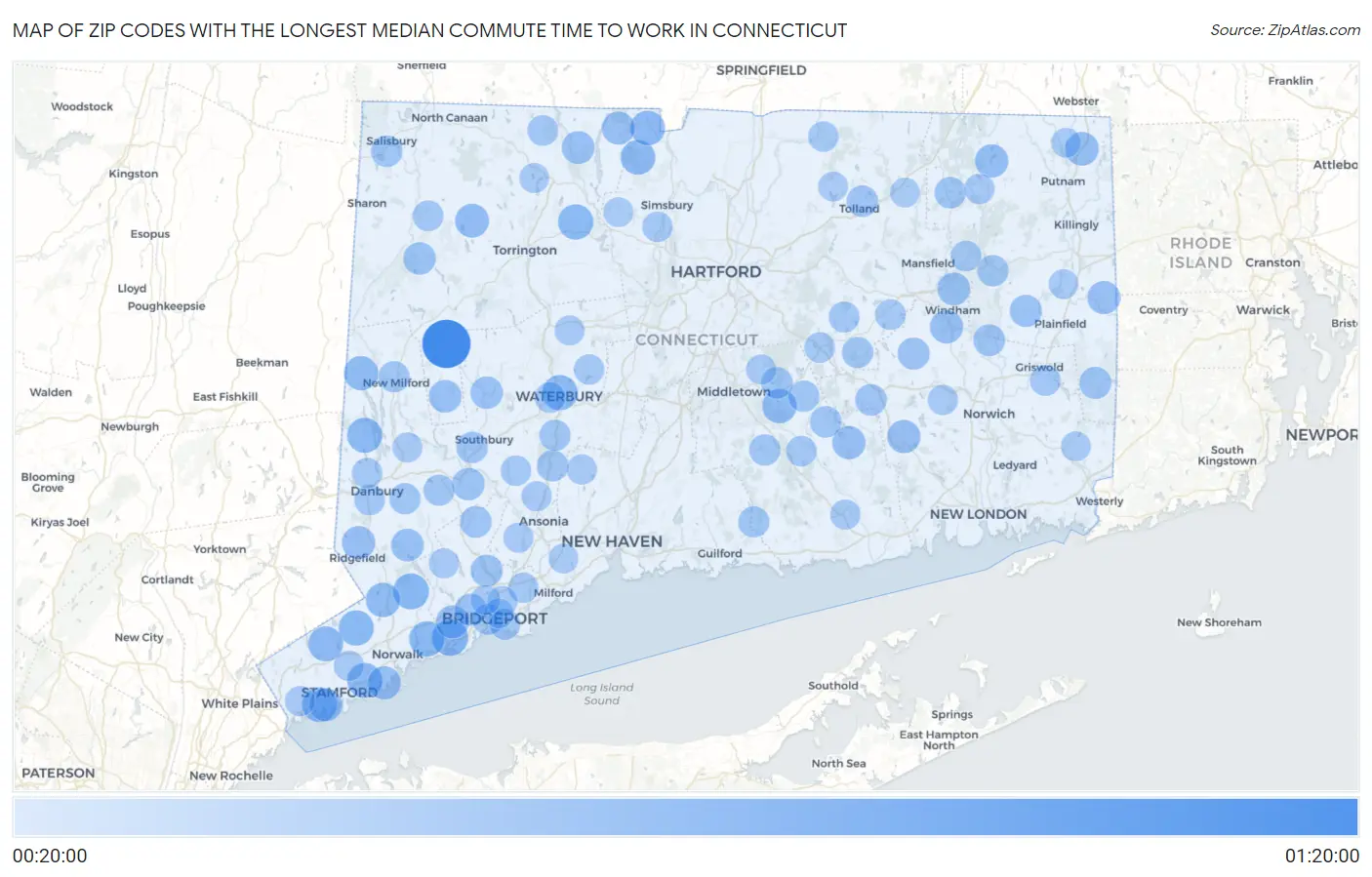 Zip Codes with the Longest Median Commute Time to Work in Connecticut Map