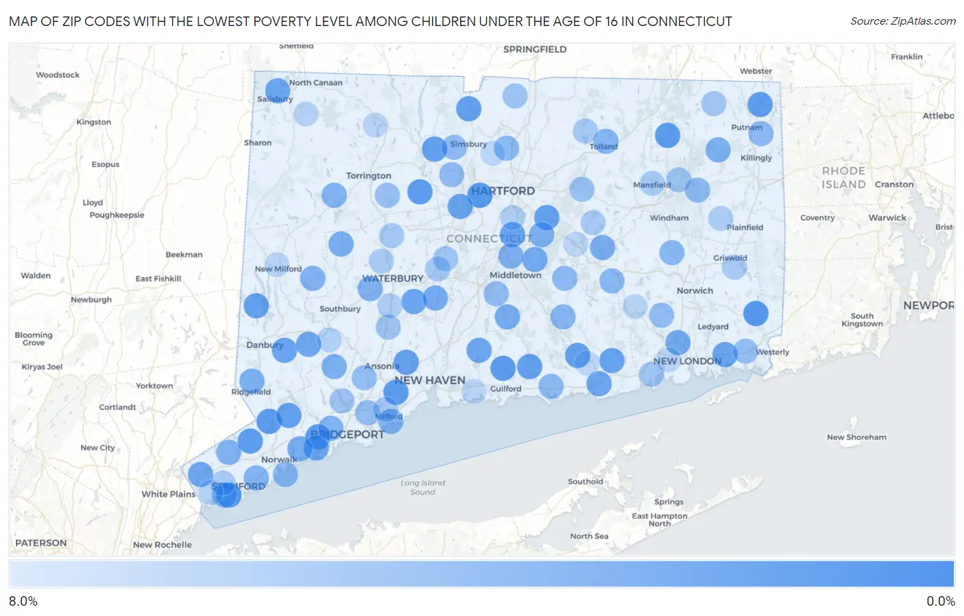 Zip Codes with the Lowest Poverty Level Among Children Under the Age of 16 in Connecticut Map