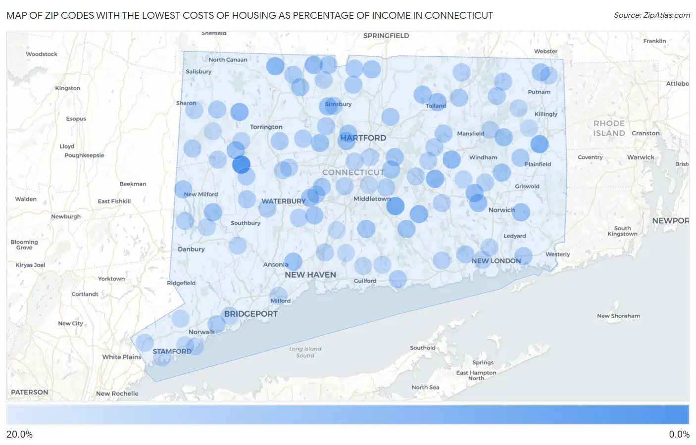 Zip Codes with the Lowest Costs of Housing as Percentage of Income in Connecticut Map