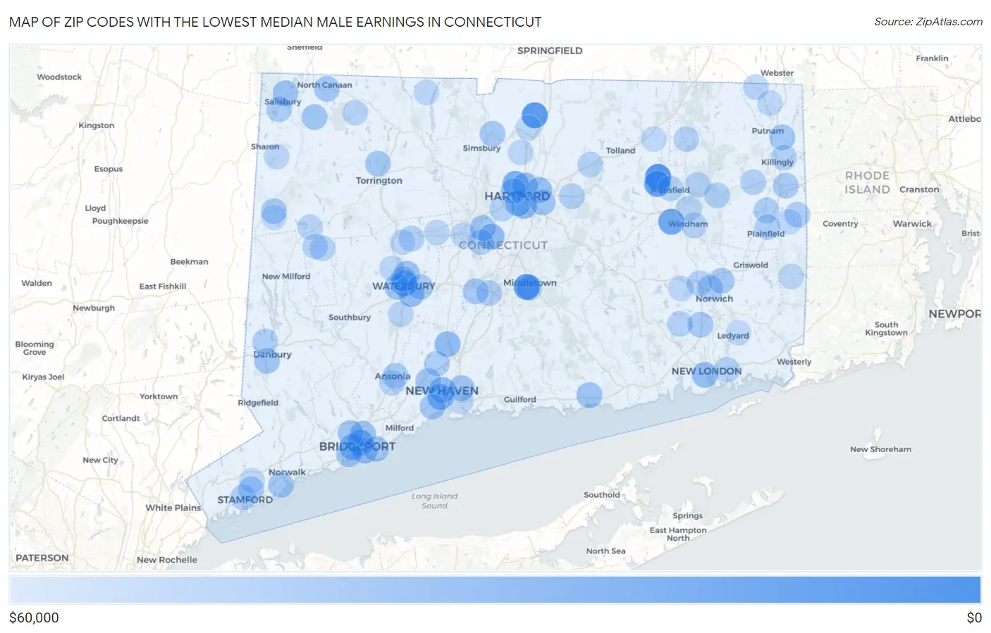 Zip Codes with the Lowest Median Male Earnings in Connecticut Map