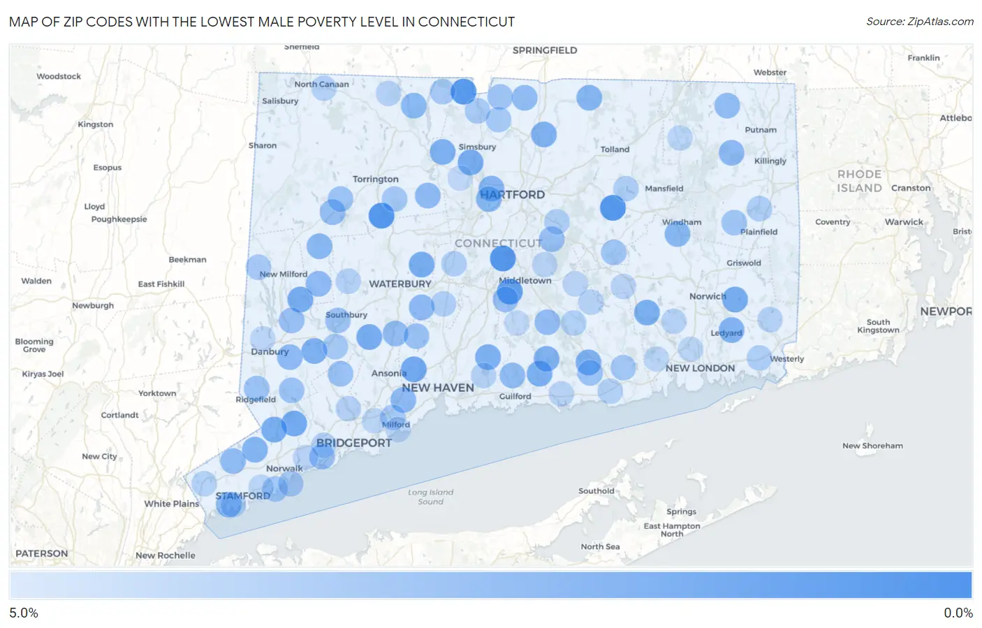 Zip Codes with the Lowest Male Poverty Level in Connecticut Map
