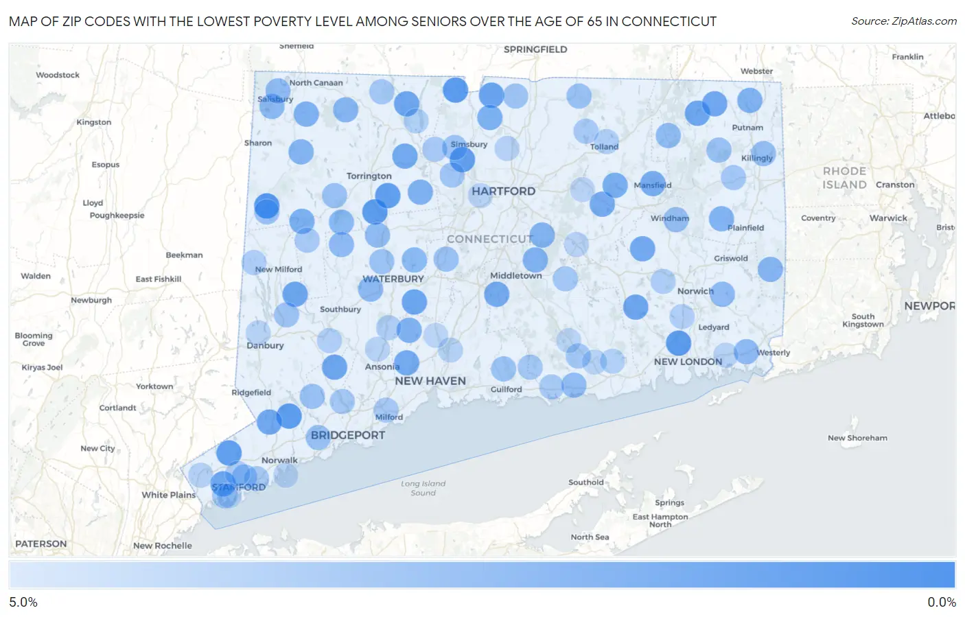 Zip Codes with the Lowest Poverty Level Among Seniors Over the Age of 65 in Connecticut Map