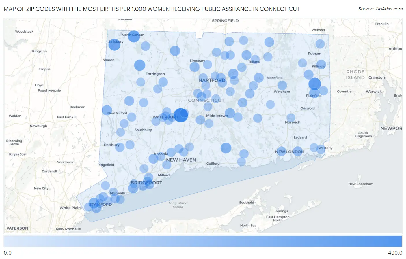 Zip Codes with the Most Births per 1,000 Women Receiving Public Assitance in Connecticut Map