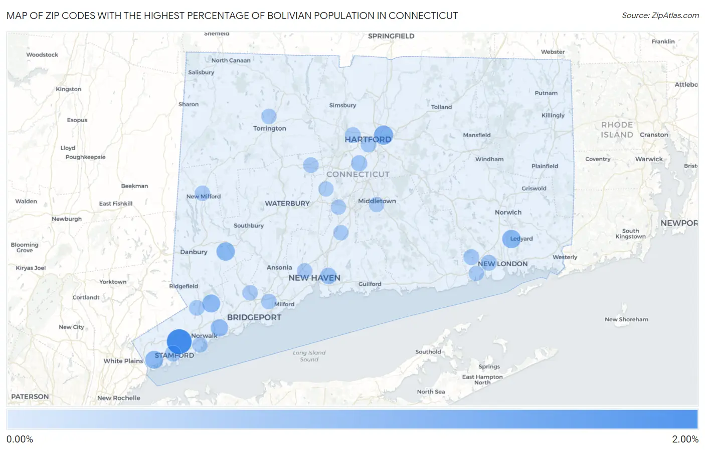 Zip Codes with the Highest Percentage of Bolivian Population in Connecticut Map