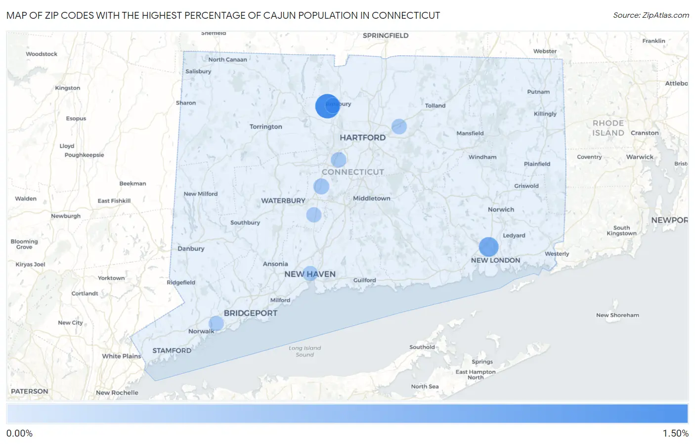 Zip Codes with the Highest Percentage of Cajun Population in Connecticut Map