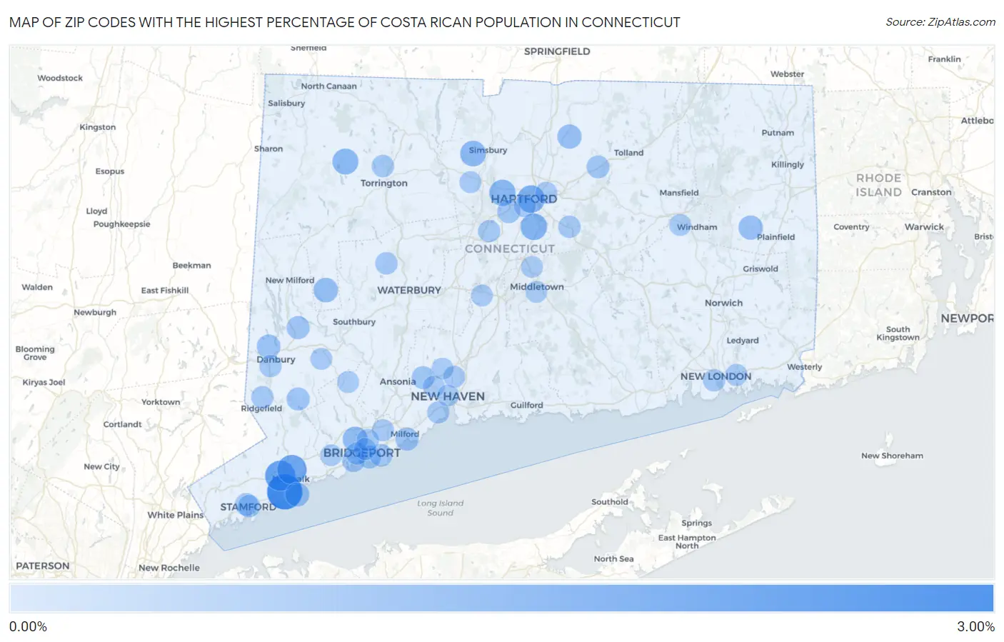 Zip Codes with the Highest Percentage of Costa Rican Population in Connecticut Map