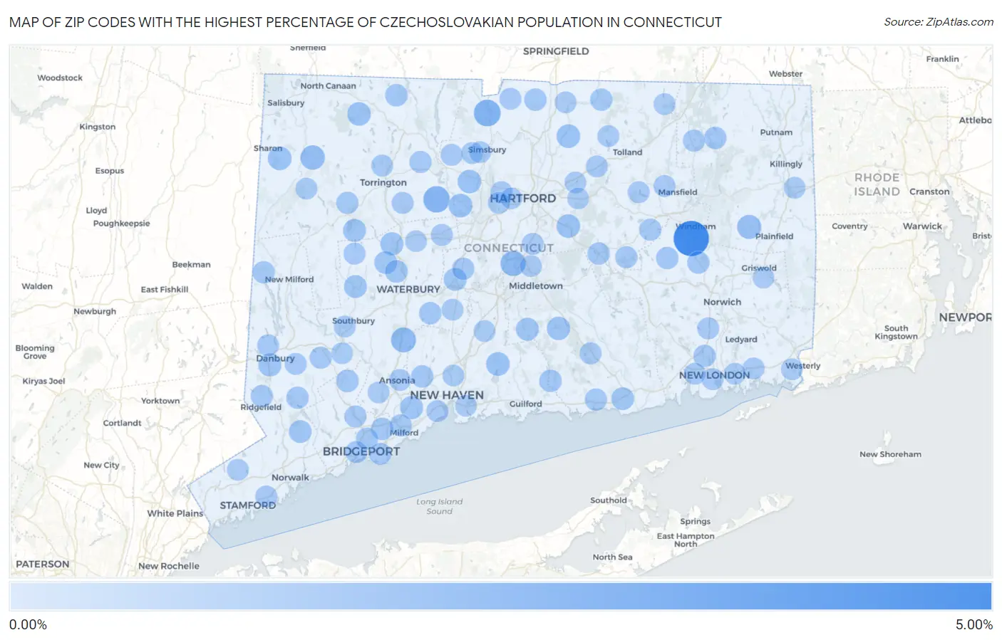 Zip Codes with the Highest Percentage of Czechoslovakian Population in Connecticut Map