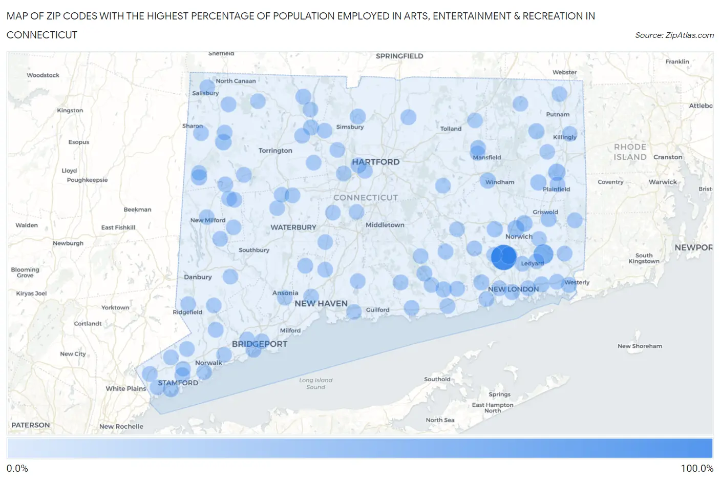 Zip Codes with the Highest Percentage of Population Employed in Arts, Entertainment & Recreation in Connecticut Map