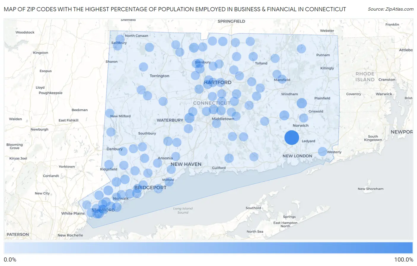 Zip Codes with the Highest Percentage of Population Employed in Business & Financial in Connecticut Map
