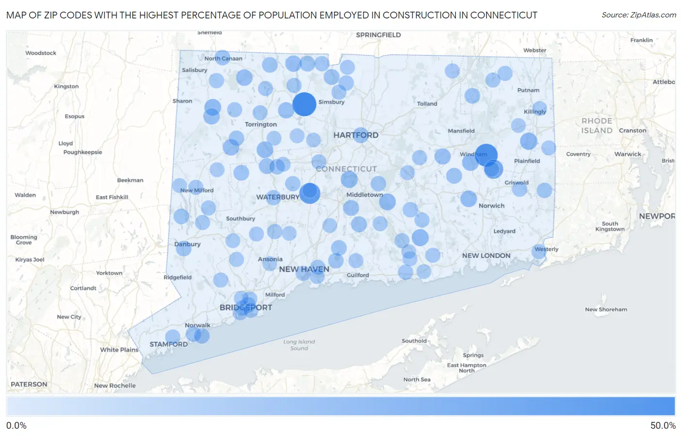 Zip Codes with the Highest Percentage of Population Employed in Construction in Connecticut Map