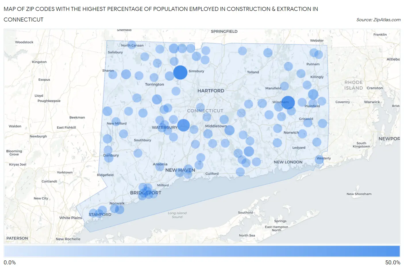 Zip Codes with the Highest Percentage of Population Employed in Construction & Extraction in Connecticut Map