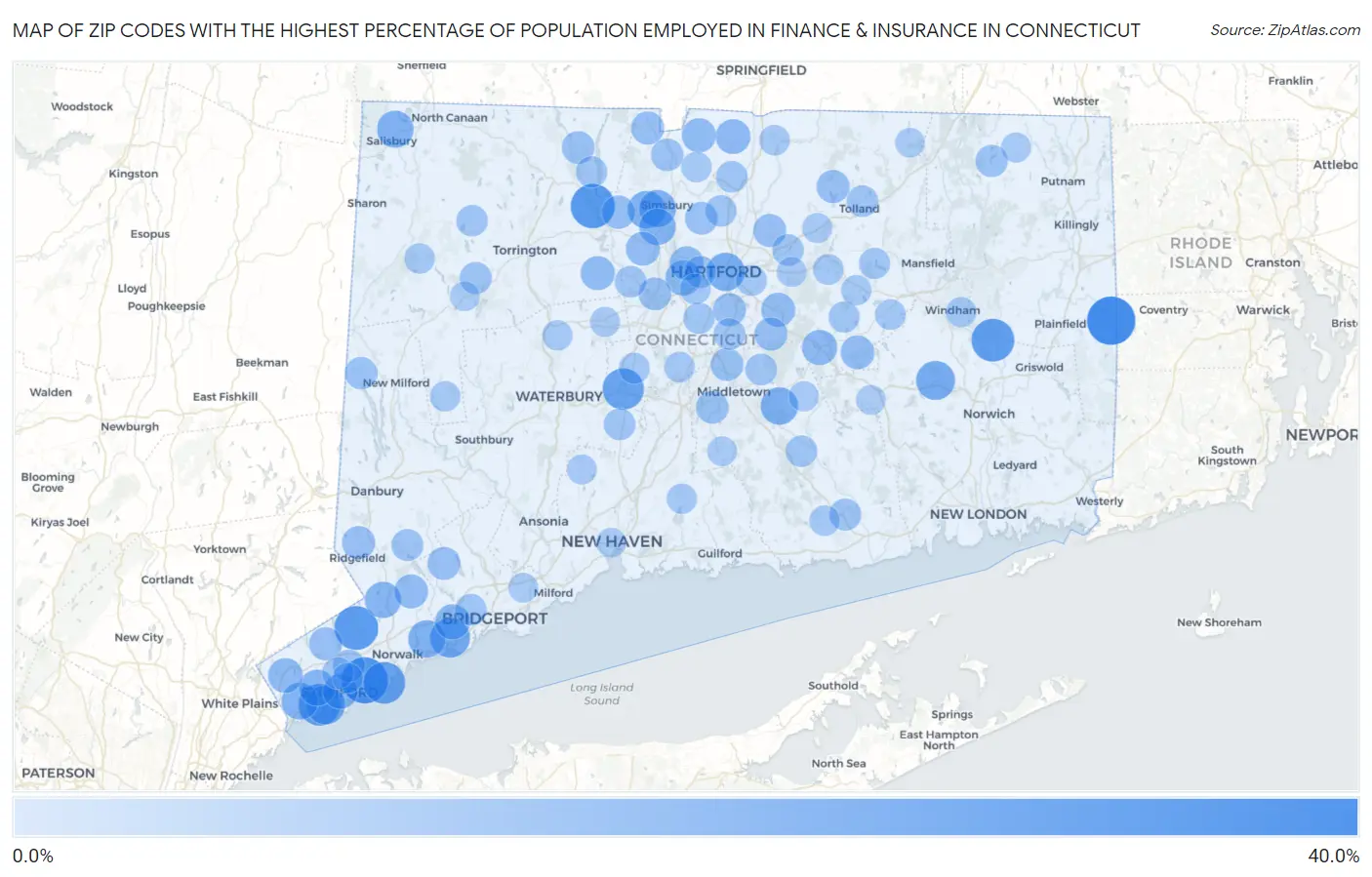 Zip Codes with the Highest Percentage of Population Employed in Finance & Insurance in Connecticut Map