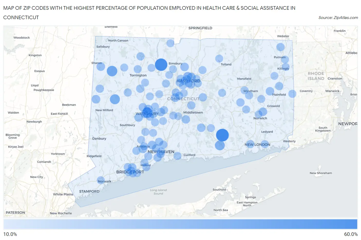 Zip Codes with the Highest Percentage of Population Employed in Health Care & Social Assistance in Connecticut Map