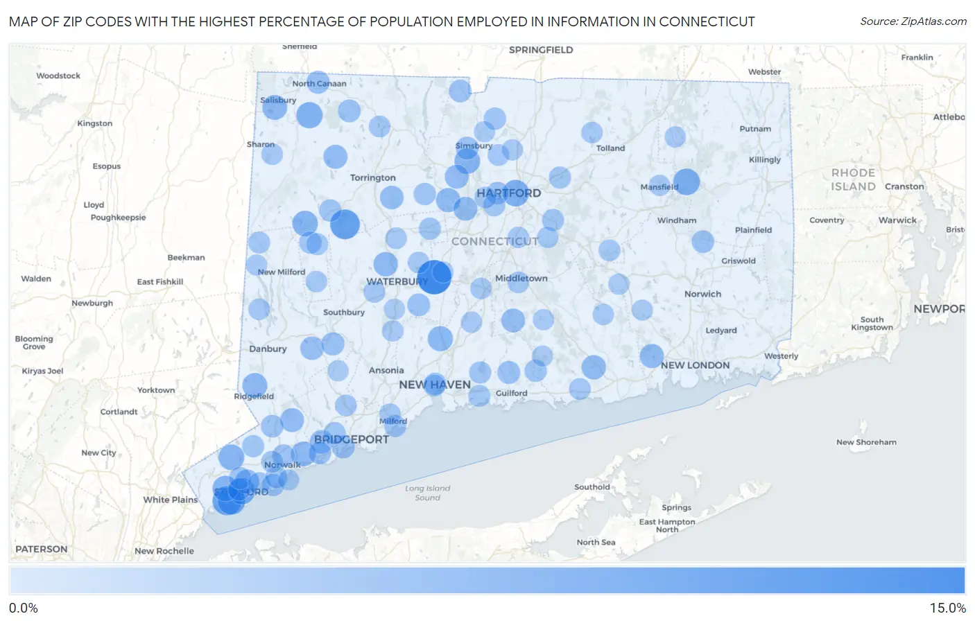 Zip Codes with the Highest Percentage of Population Employed in Information in Connecticut Map