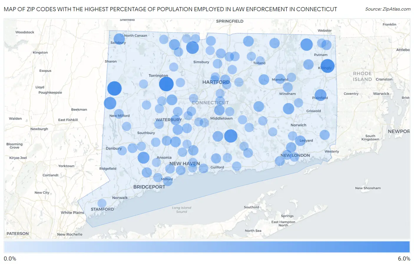 Zip Codes with the Highest Percentage of Population Employed in Law Enforcement in Connecticut Map