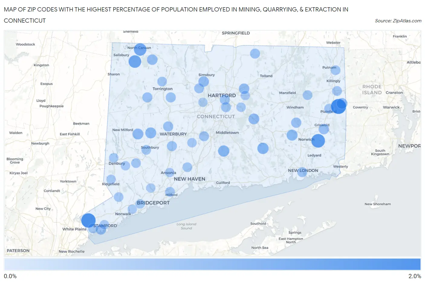 Zip Codes with the Highest Percentage of Population Employed in Mining, Quarrying, & Extraction in Connecticut Map