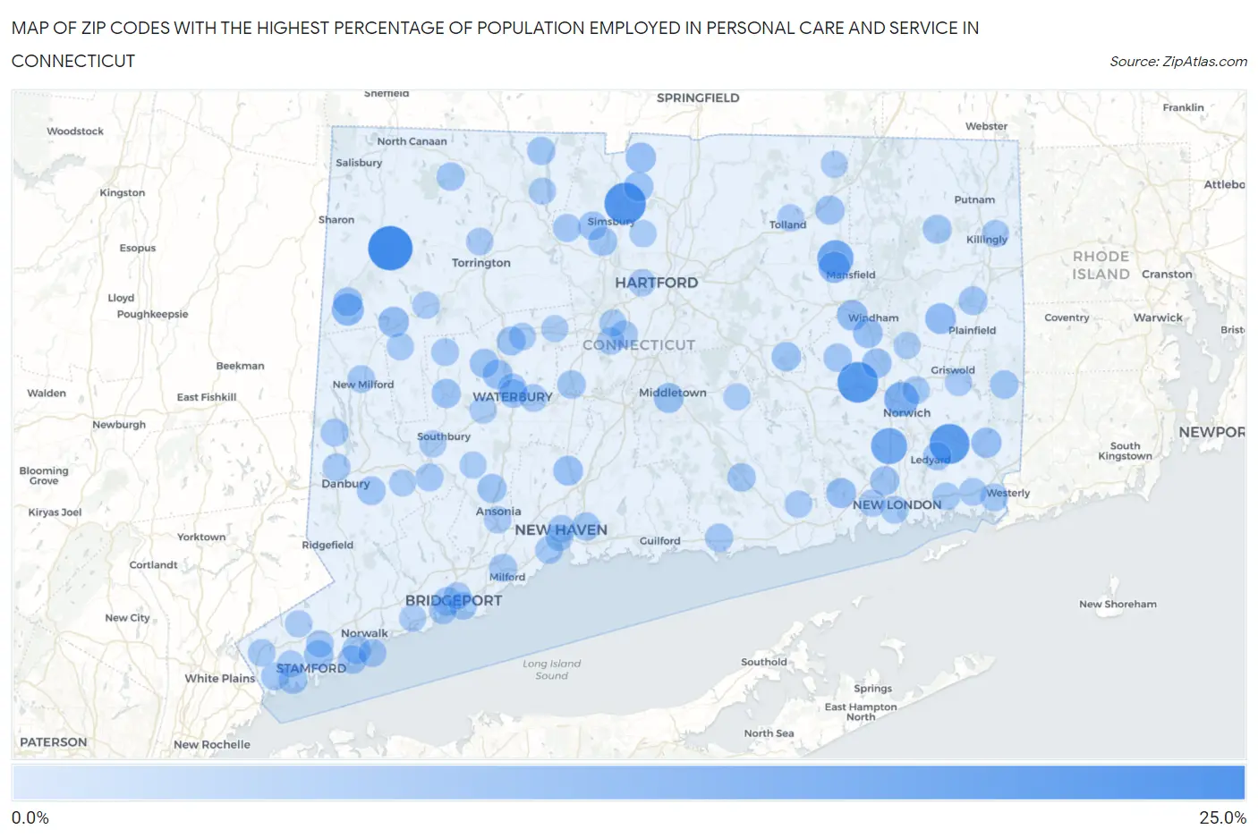 Zip Codes with the Highest Percentage of Population Employed in Personal Care and Service in Connecticut Map
